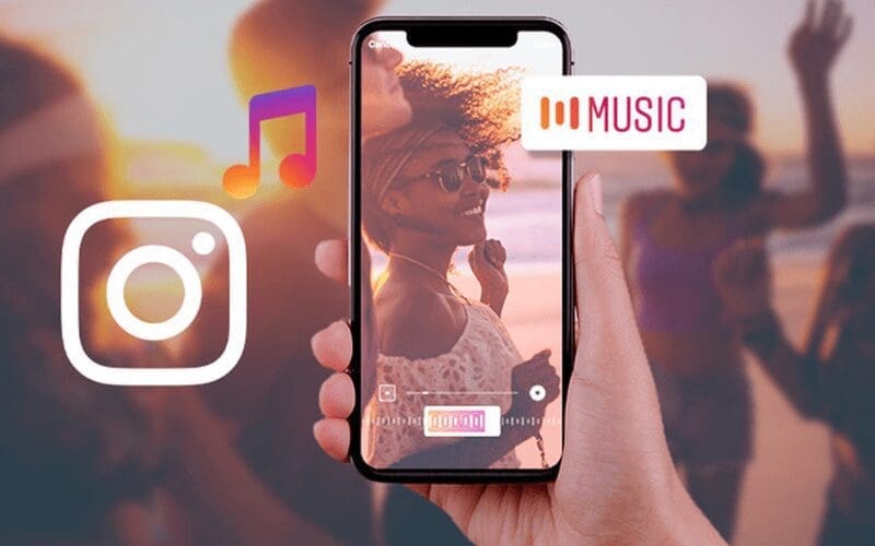 Hand holding a phone showing off Instagram music.