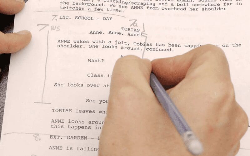 The shot listing for a storyboard