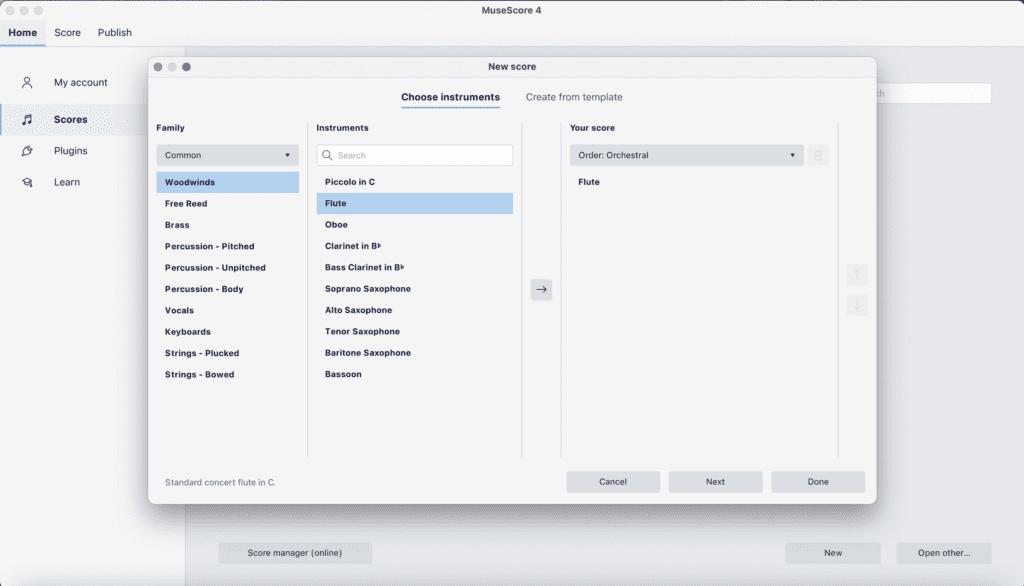 Musescore instruments screen grab