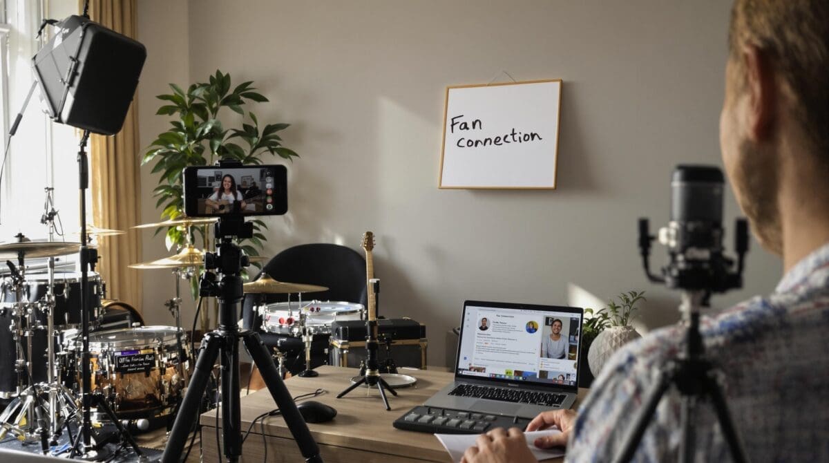 Independent musician livestreaming with fans and fan connection message