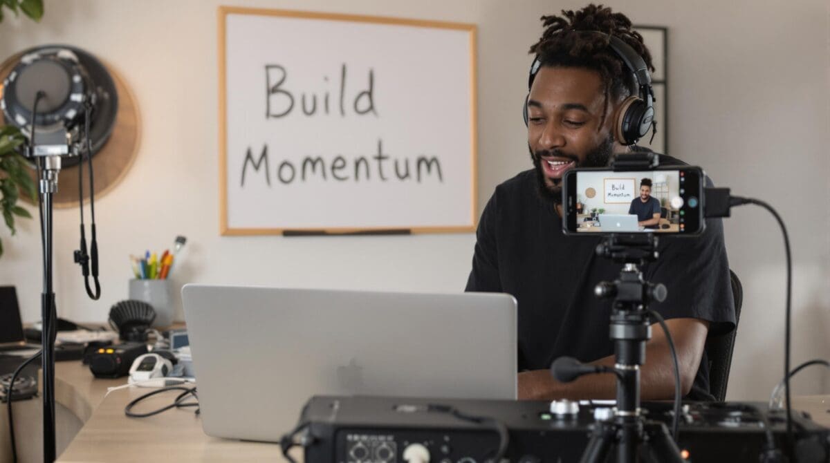 Artist recording music and filming for promotion at home