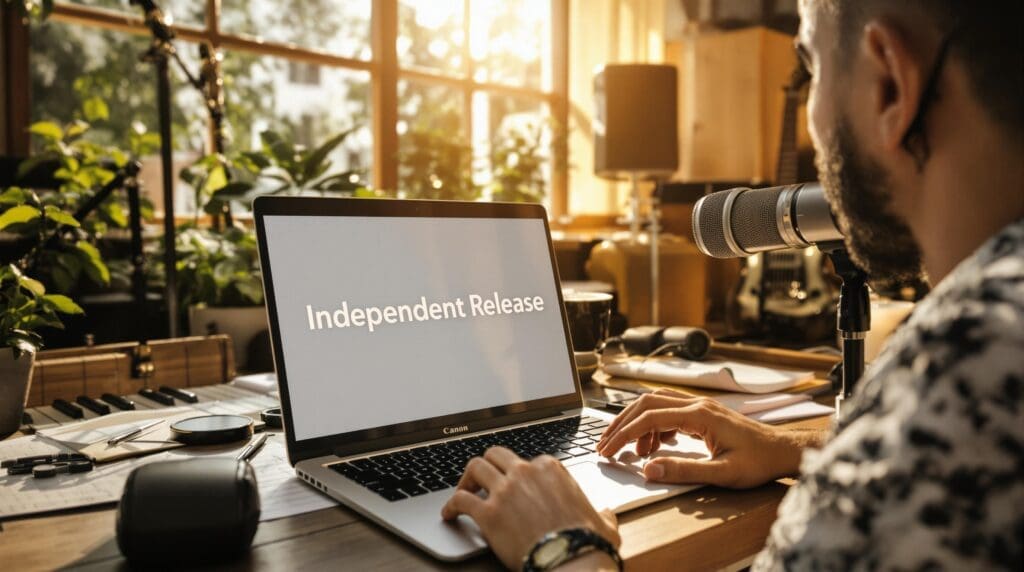 Independent musician preparing music release in home studio